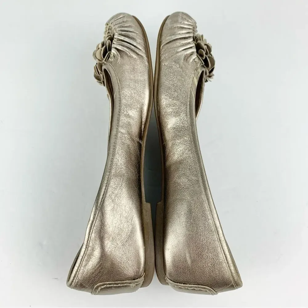 Ecco Metallic Silver Gold Leather Floral Ballet Slip On Flats 40
